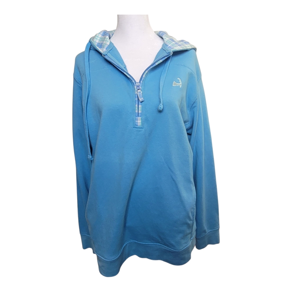 Cuffy's‎ Women's Blue Plaid Hooded 1/2 Zip Sweatshirt